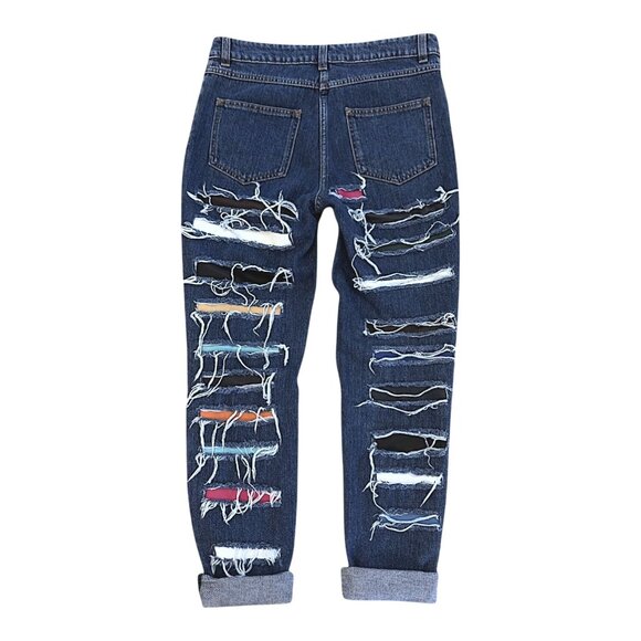 Jeremy Scott Ripped Denim Jeans Size 8 Multicolor Lamb Leather Patches Italy - Picture 2 of 10